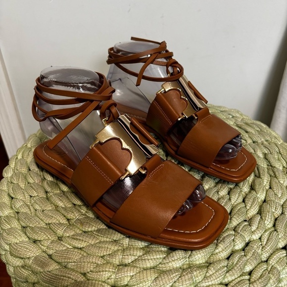 NWOB Tory Burch Gemini Link Lace Up Wrap Flat Royal Tan/Gold Leather Sandals - Picture 7 of 12